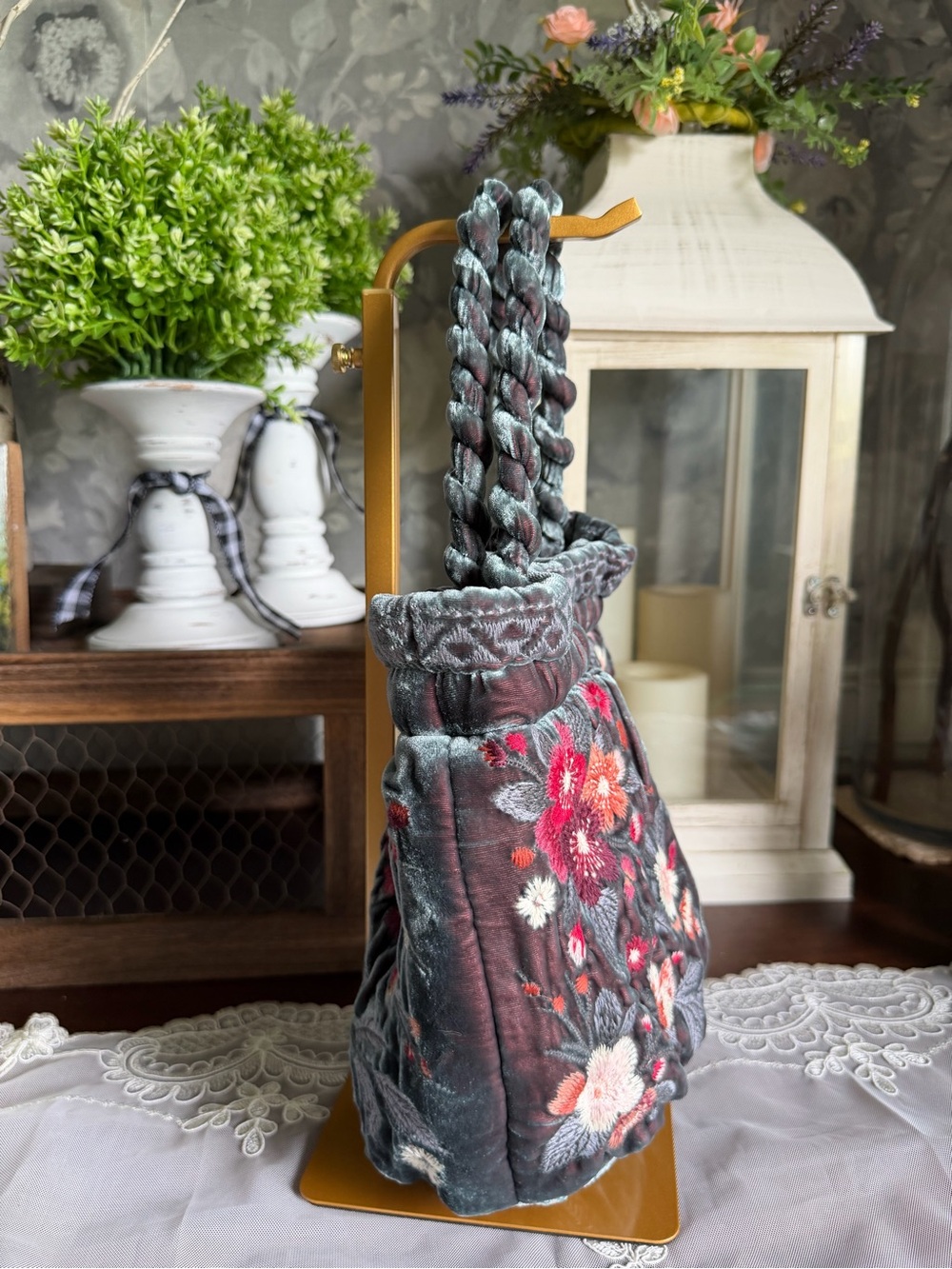 Johnny Was Los Angeles Velvet Floral Embroidered Bucket Bag Purse - Gray & Pink - Picture 2 of 7